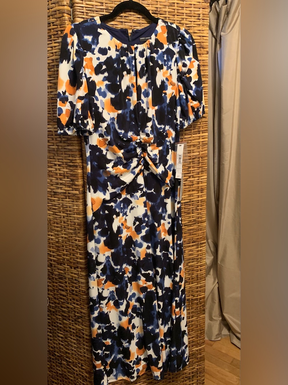 Maggy London Blue, Orange & White Abstract Knot-Front Maxi Dress